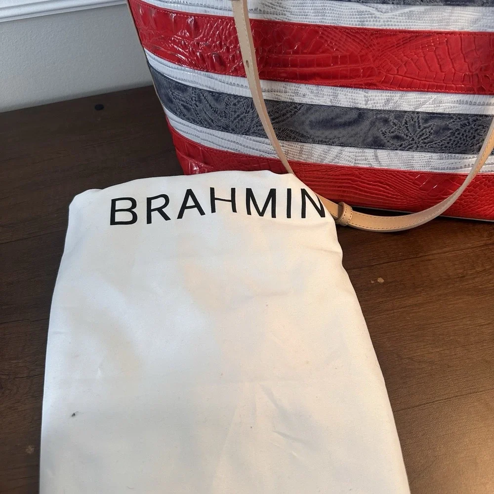 Brahmin Mini Asher Leather Satchel Shoulder Bag Gray Red Striped Preppy